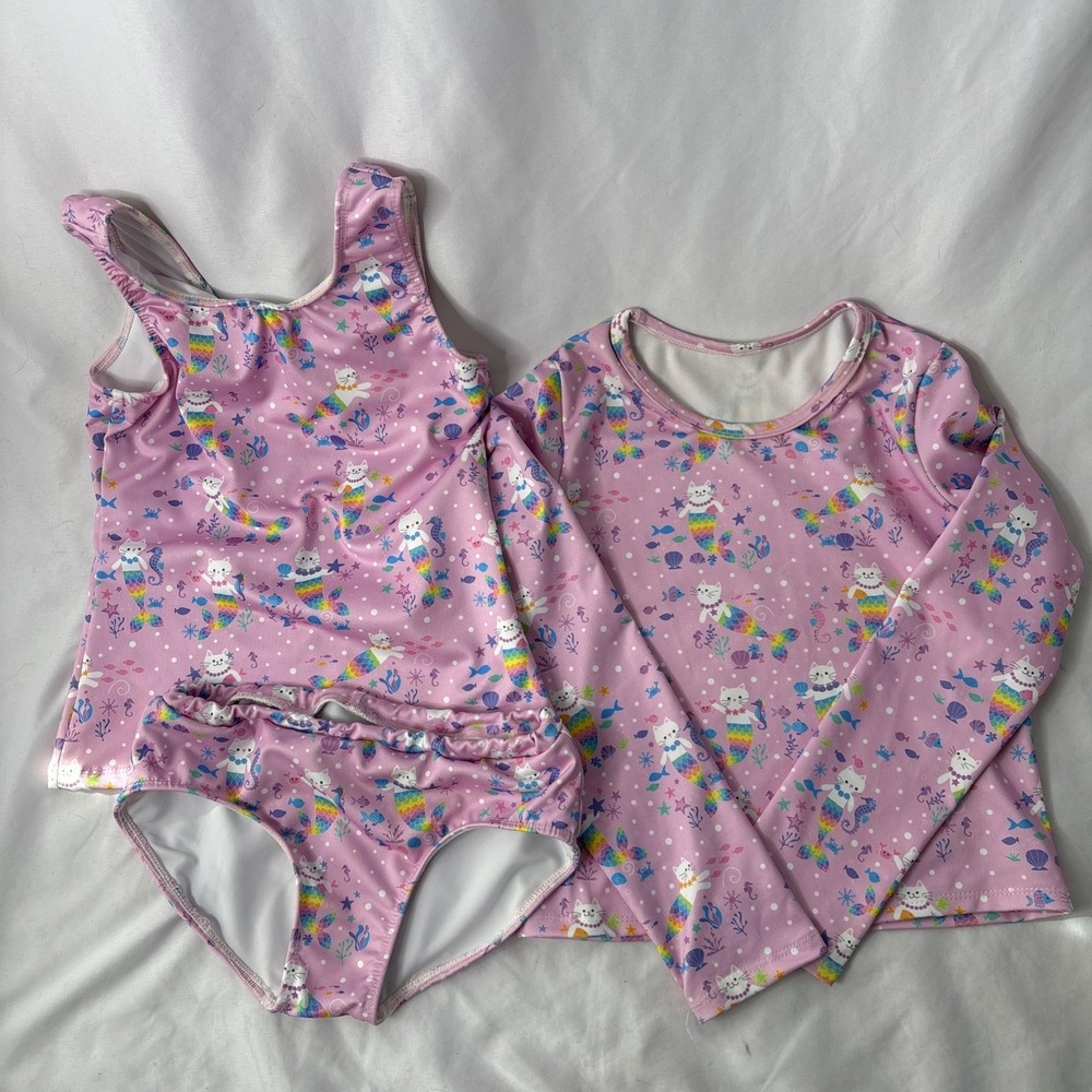 Upper Looper Girls 9 Cat Mermaid Swim Bathing‎ Suit 3 Pc Rashuard Seahorse Pink